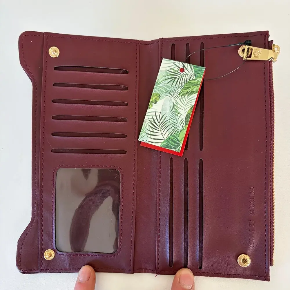 Badgley Mischka Long Card Wallet‎ Quilted Plum Gold BM Logo NWT Old Money Glam